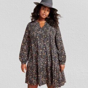 Maeve Black Floral Print Long Sleeve Mini Dress Size Med
